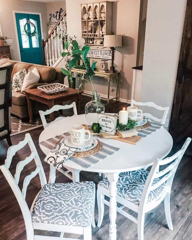 White Round Dining Table with Ladder Back Chairs