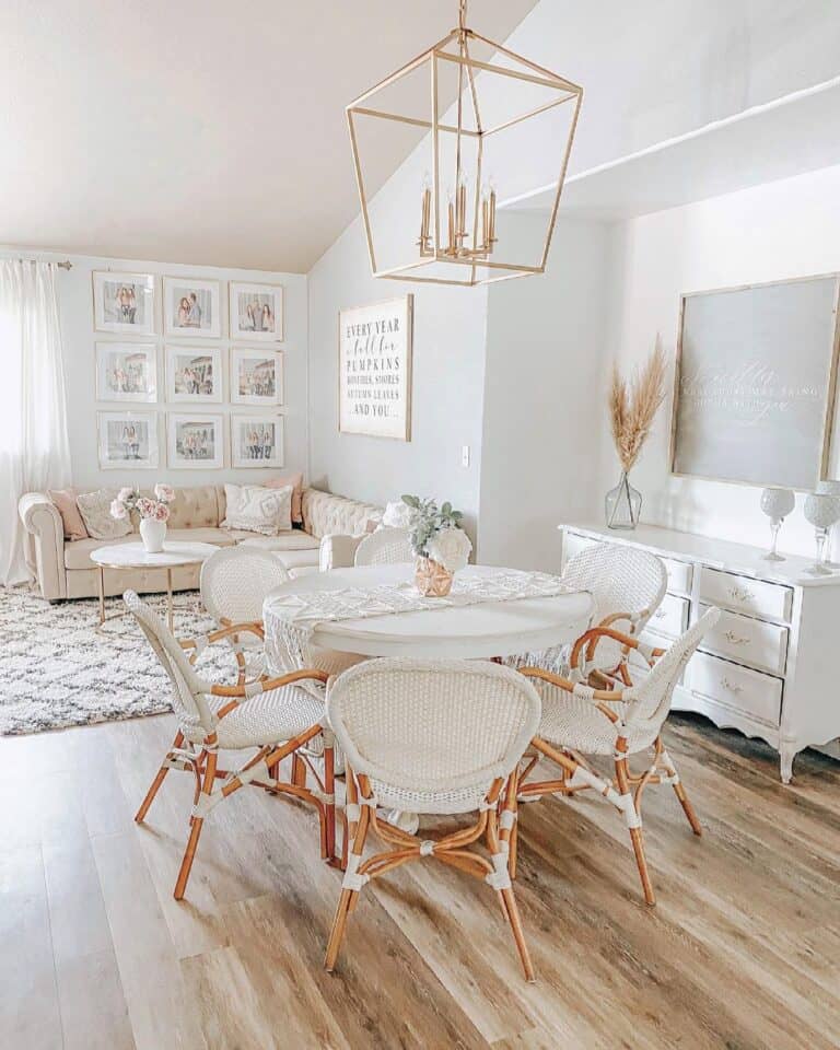 White Round Dining Table with Wicker Chairs
