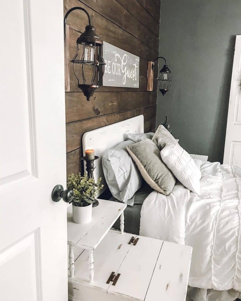 White Rustic Twin Bed with Lantern Sconces