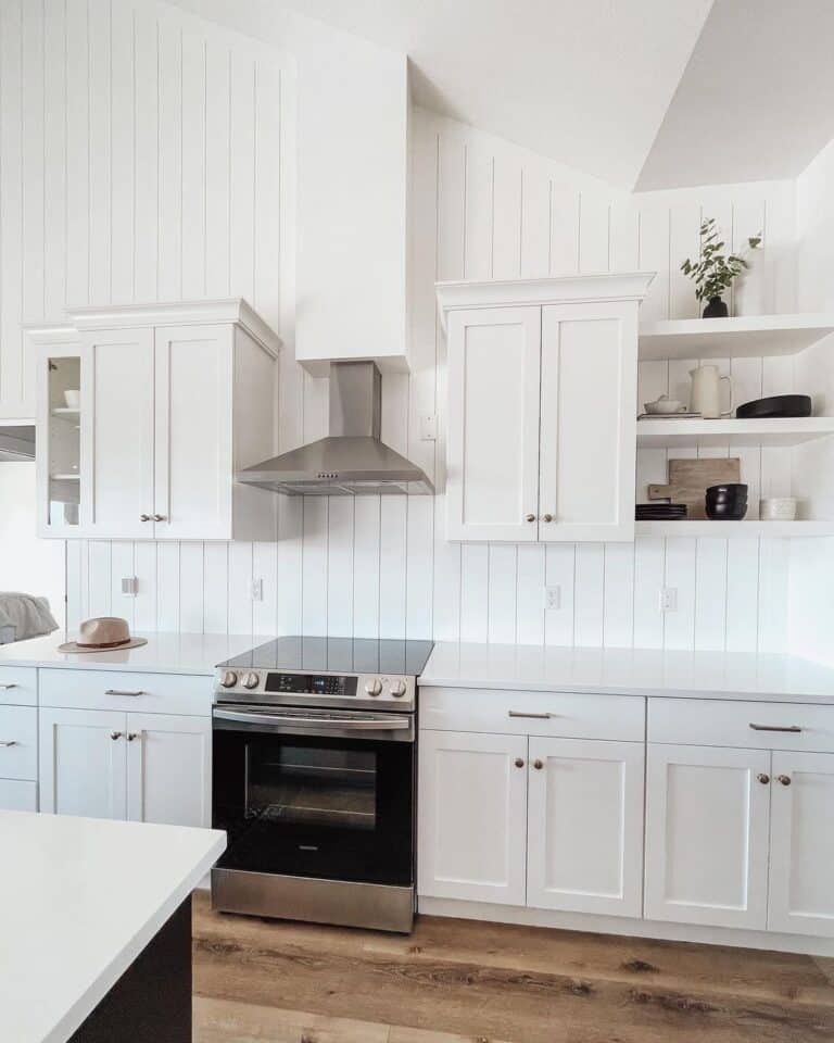 White Shiplap Kitchen with White Cabinets