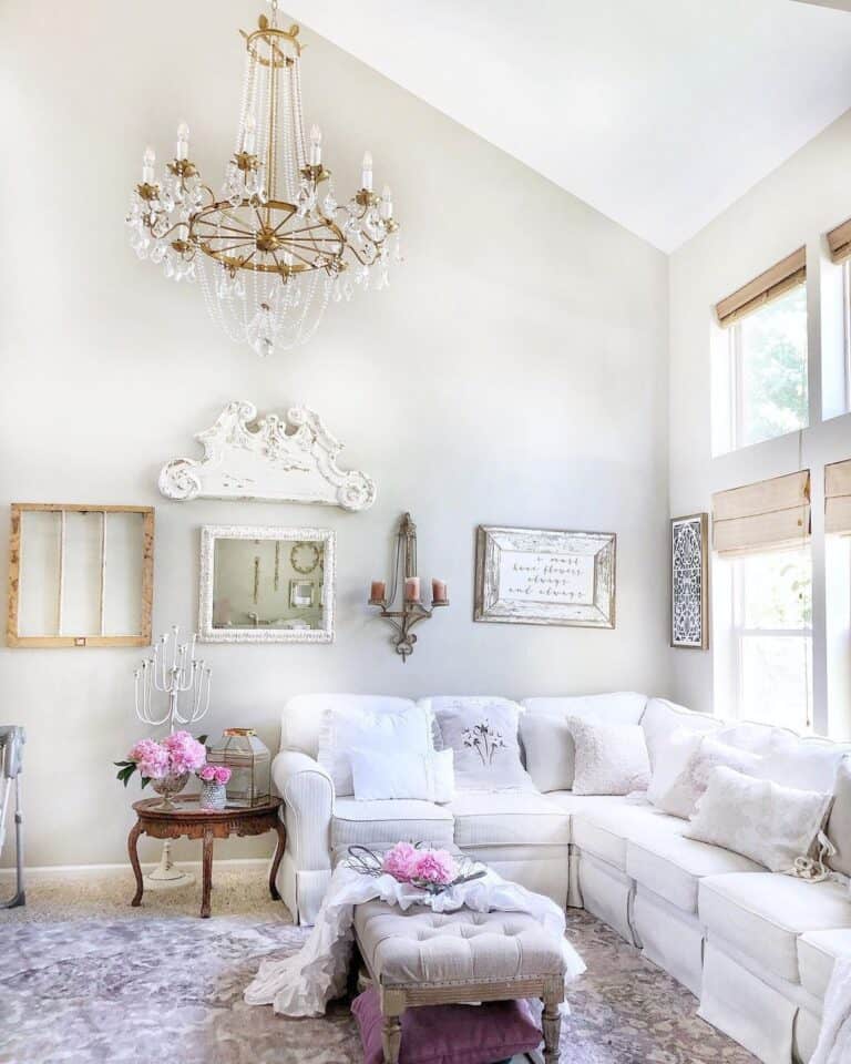 White Sofa Living Room with Chandelier