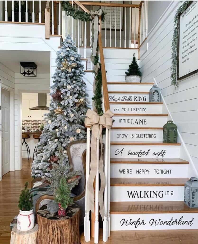 White Stair Risers with Black Letter Decor