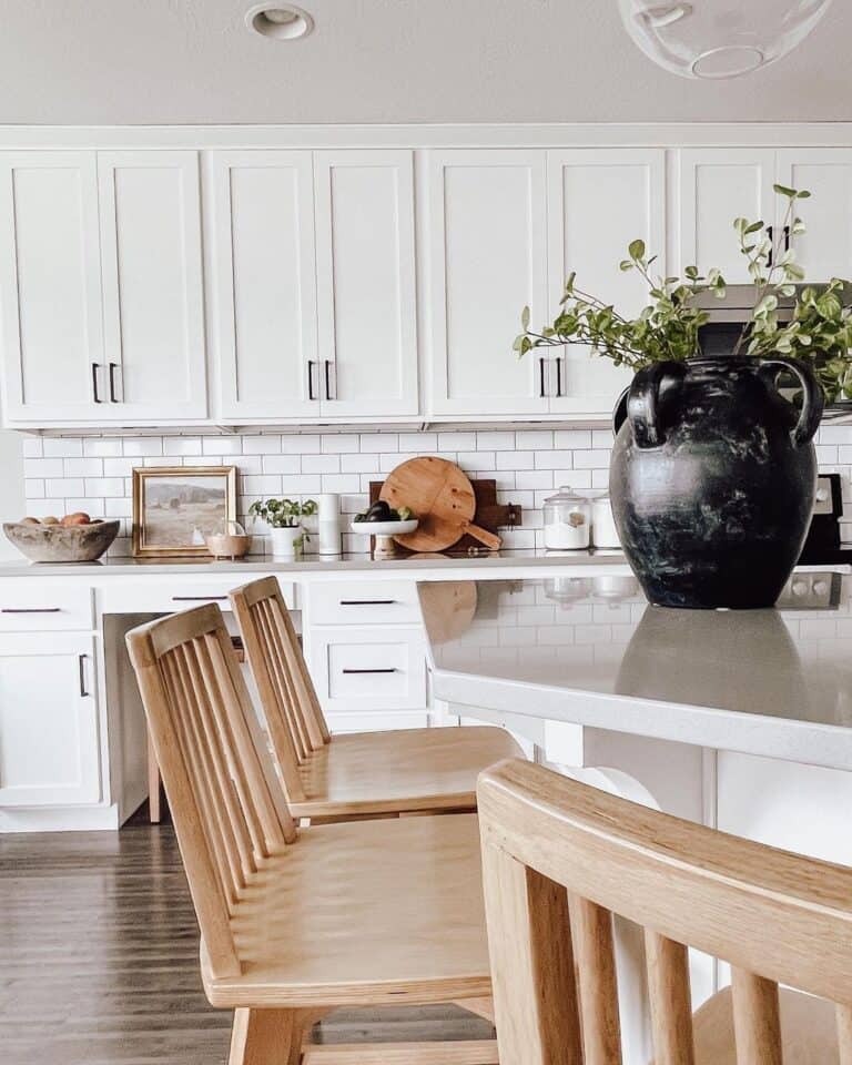 White Tile Backsplash Kitchen with White Cabinets