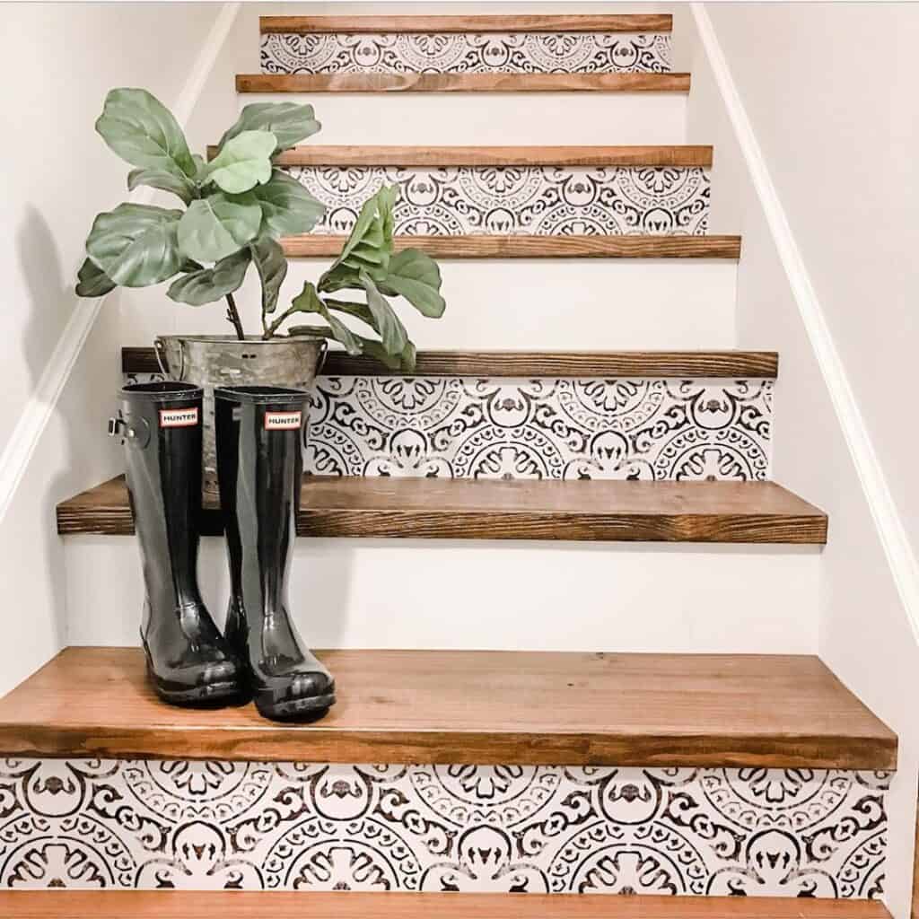 White and Black Mosaic Print Stair Risers