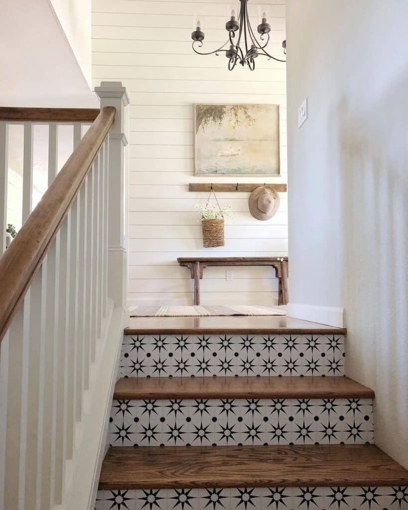 White and Black Mosaic Tile Stair Risers