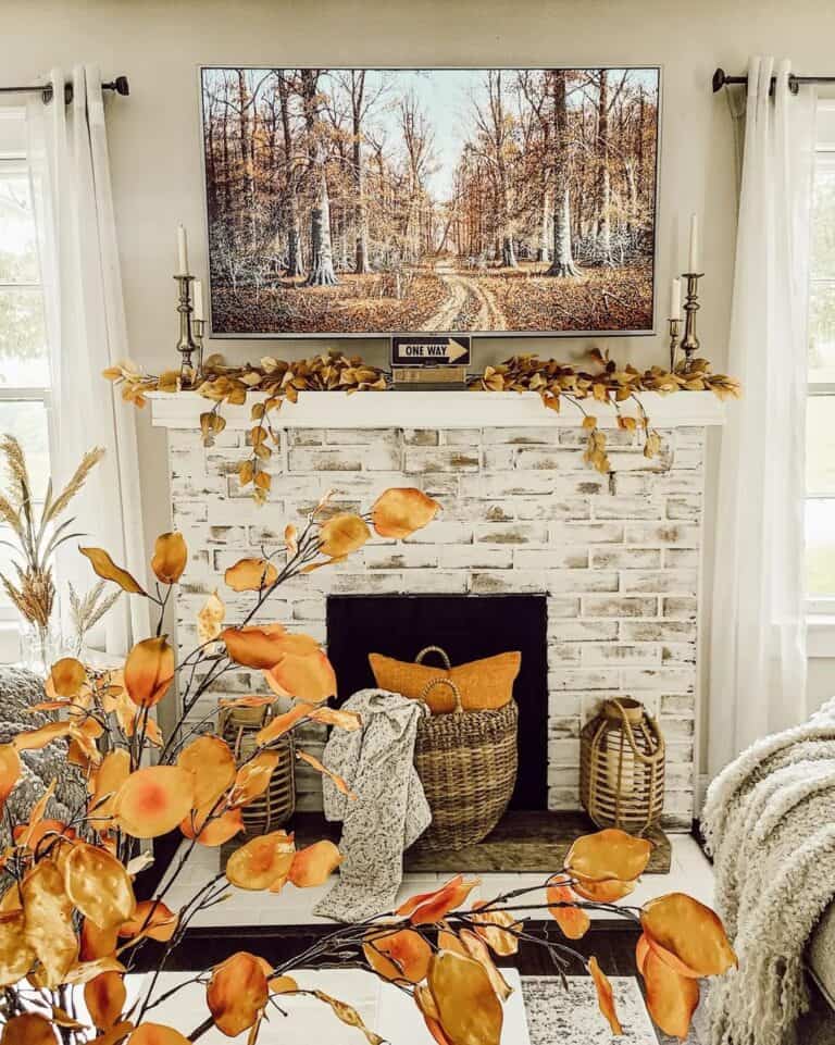 Whitewash Brick Fireplace with White Mantel