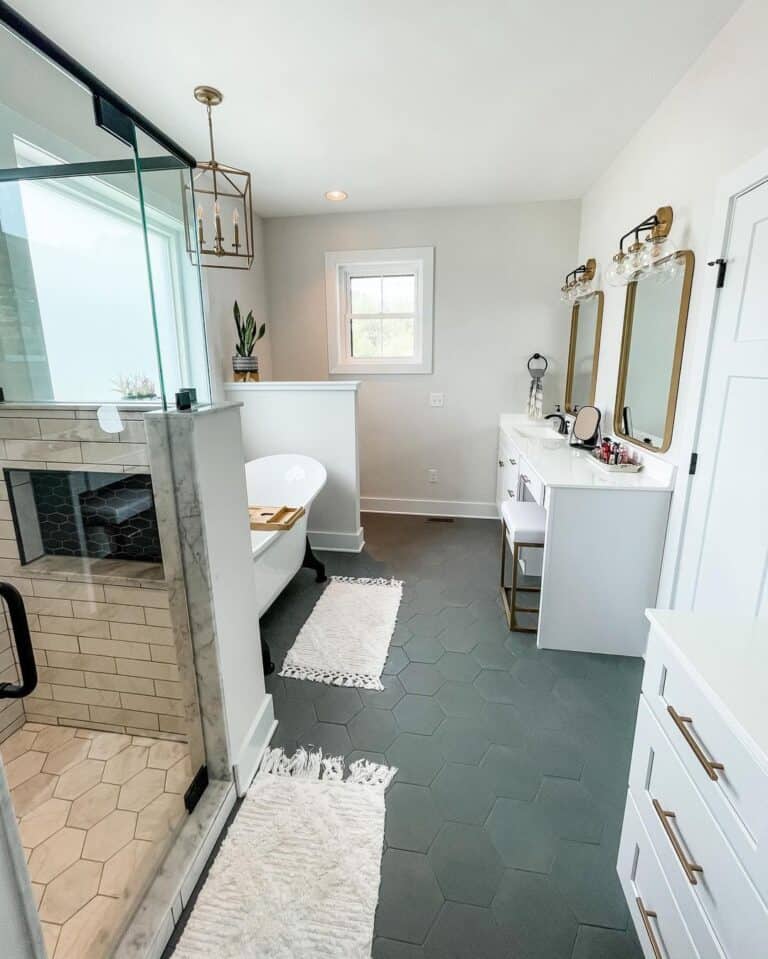 Bathroom with Black Hexagon Tile Shower Niche