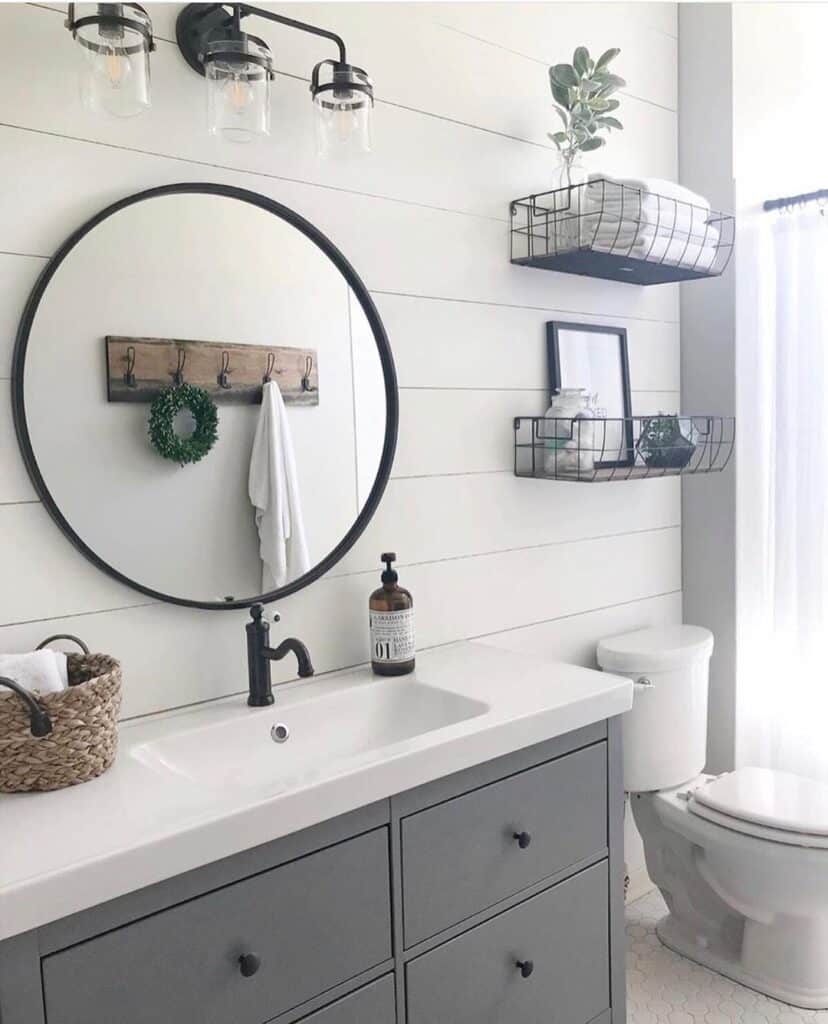 Black Framed Bathroom Mirror for Grey Cabinet