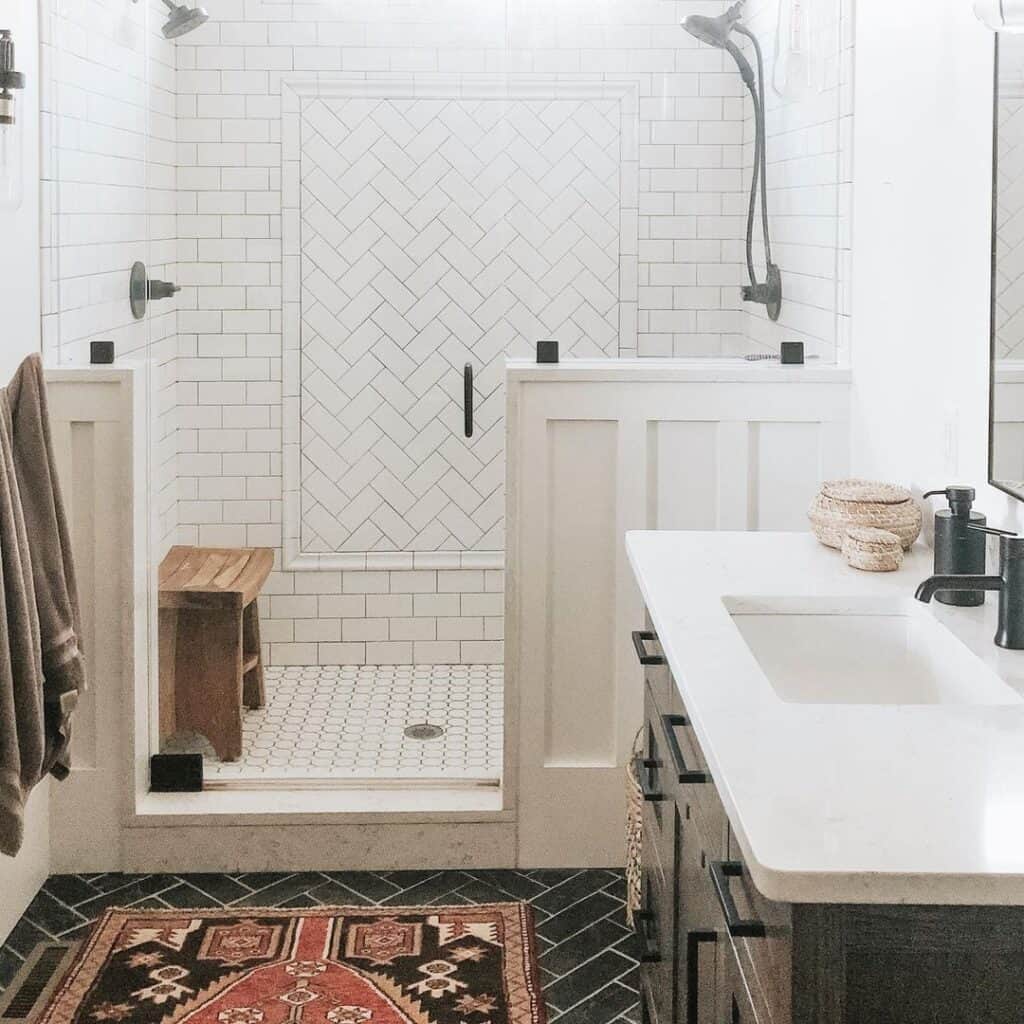 Black Herringbone Tile Bathroom Flooring