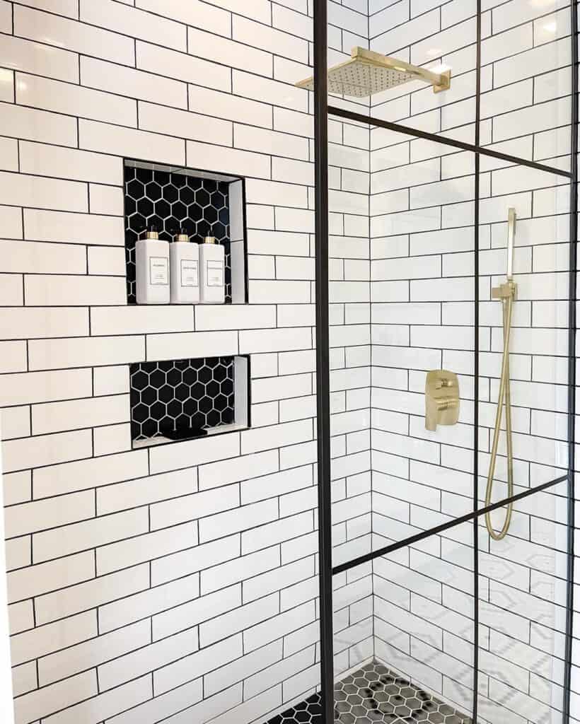 Black Hexagon Tile Shower Niches