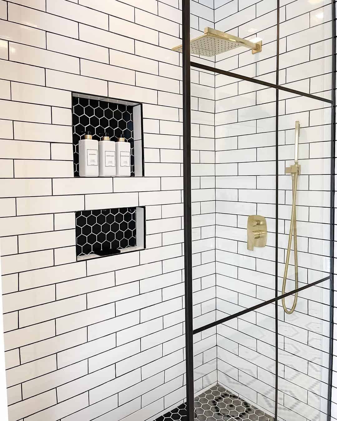 Black hexagon tile shower niches soul lane