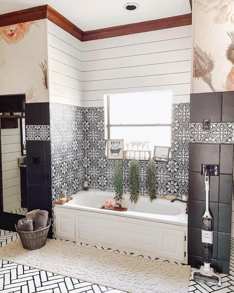 Black Tile Bathroom with White Bathtub