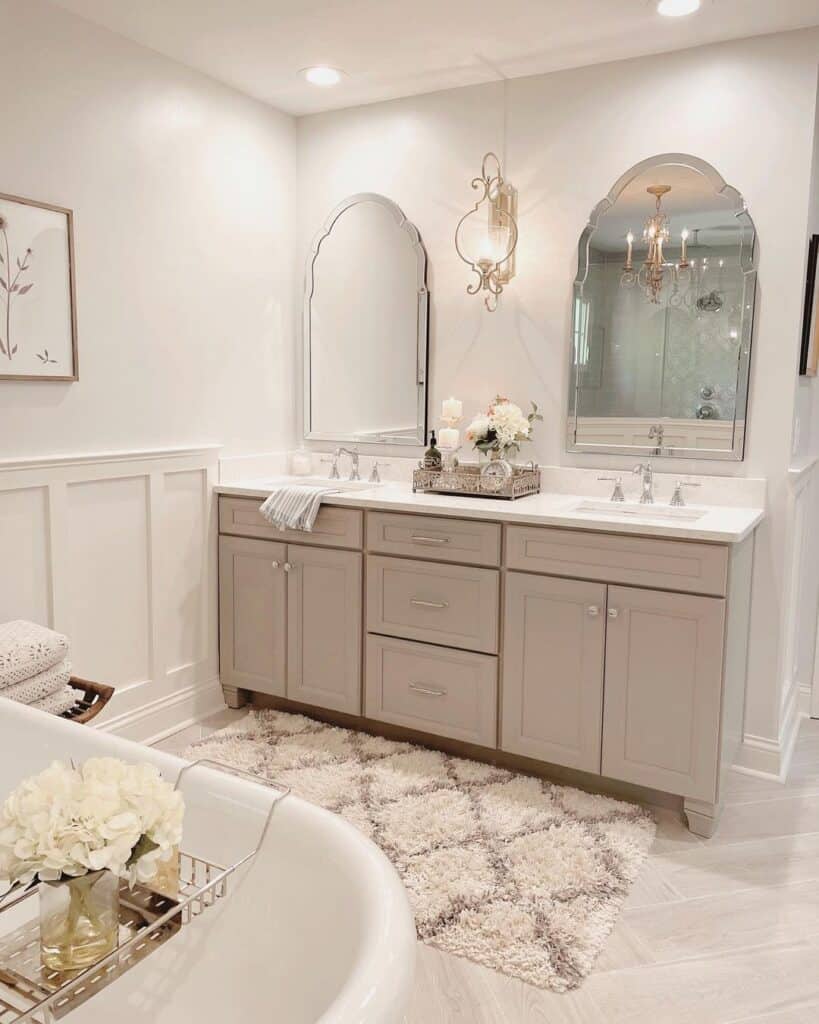 Double Sinks and a Light Grey Bathroom Cabinet