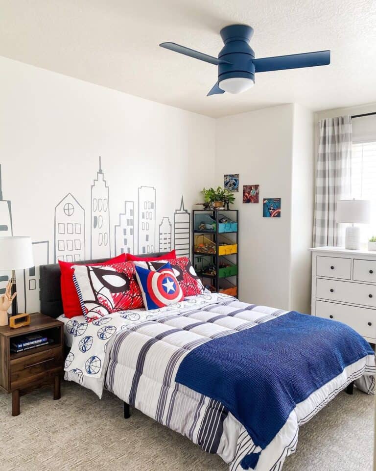 Farmhouse Boy Bedroom with Superhero Bedding