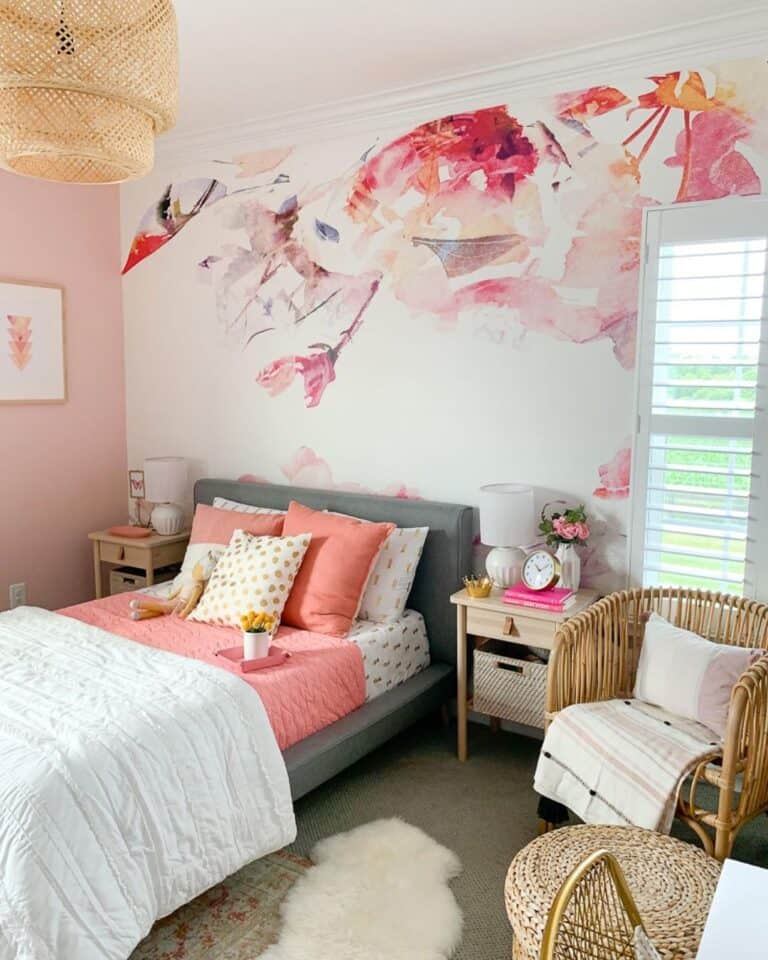 Girl Bedroom with Floral Accent Wall