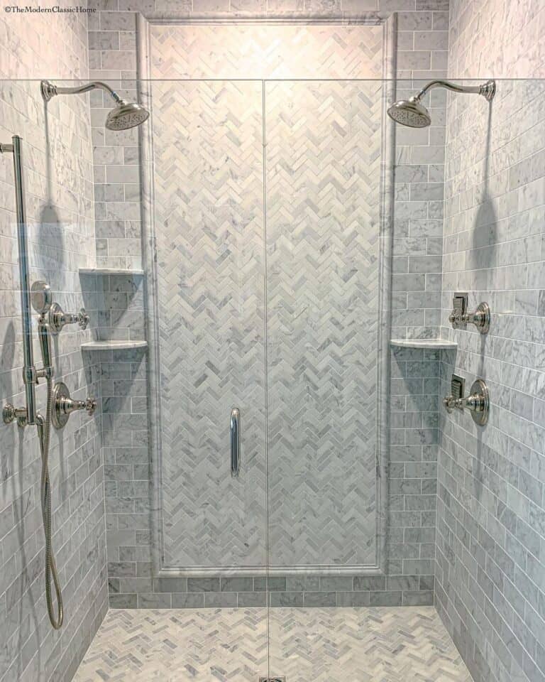 Gray Herringbone Tile Shower Accent Wall
