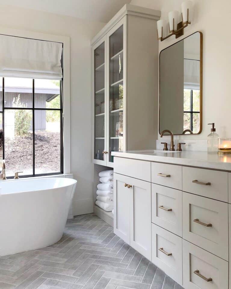 Gray Herringbone Tiles Bathroom Floor