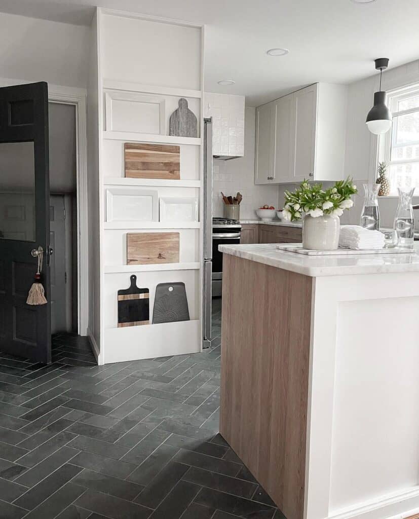 Grey Herringbone Tile Kitchen Floor