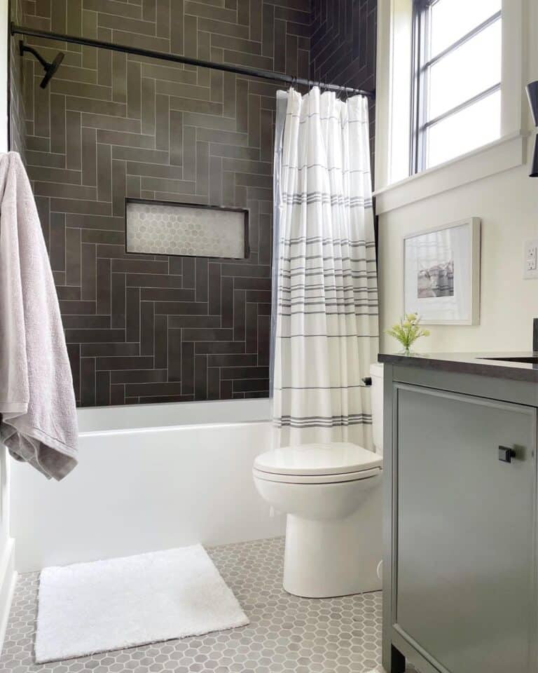 Herringbone Black Tile Bathroom