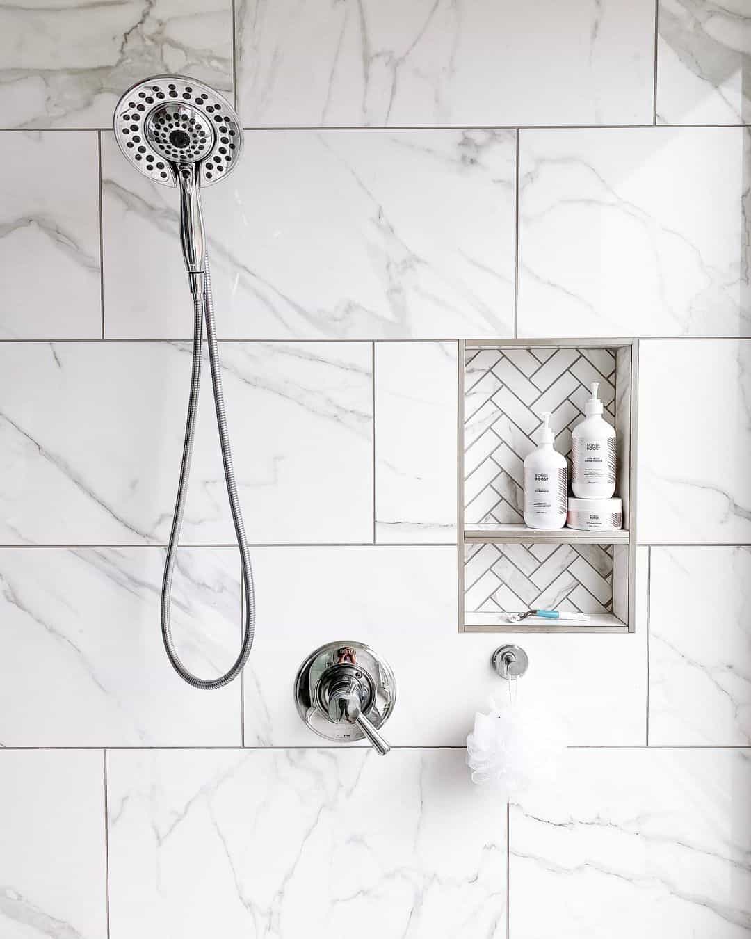 Herringbone Tiling Shower Niche with Nickel Trim Soul & Lane