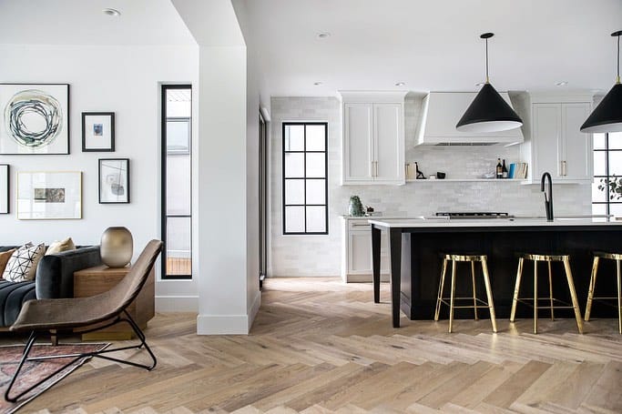 Kitchen with Stained Wood Herringbone Floor