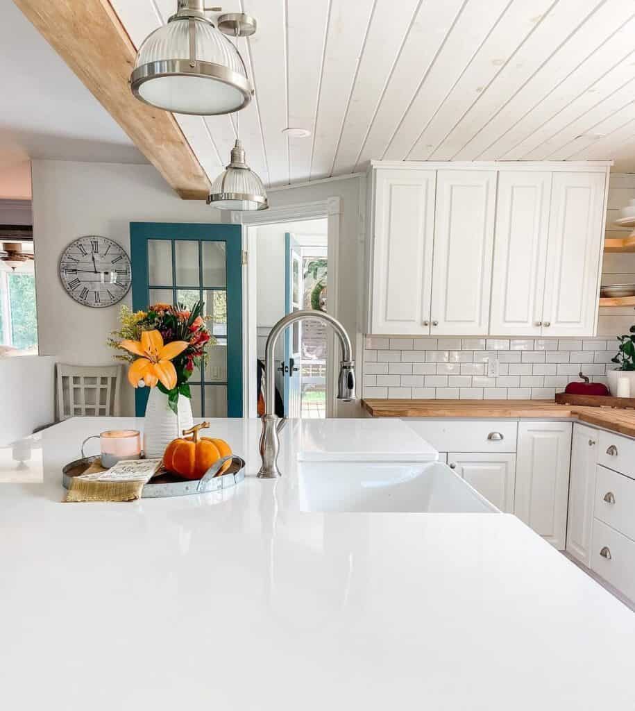 Kitchen with White Shiplap Ceiling