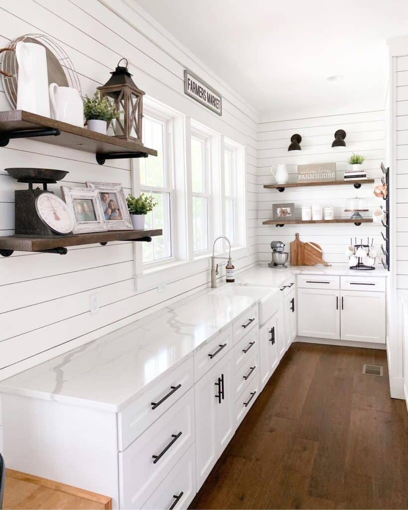 L-shaped Kitchen with White Shiplap Walls