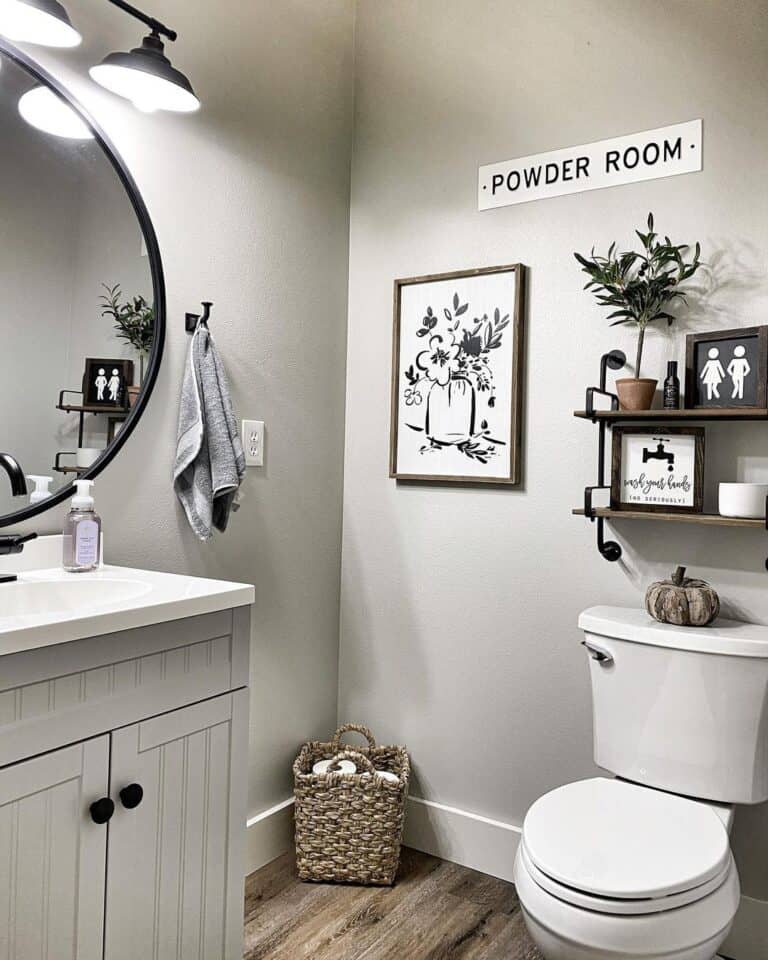 Light Grey Farmhouse Cabinet In a Power Room