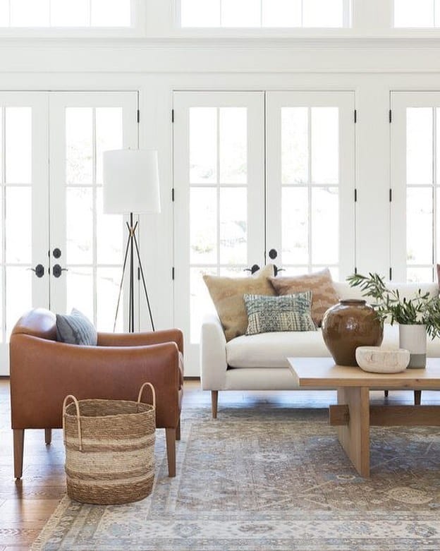 Living Room with Brown Leather Accent Chair