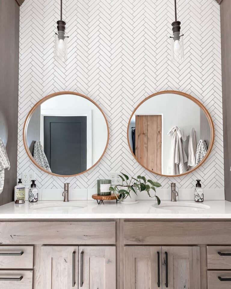 Round Wood Mirrors on White Bathroom Tile