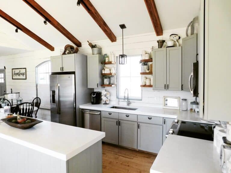 Stained Wood Ceiling Beams with Track Lights