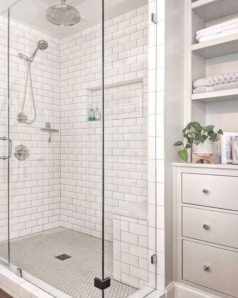 Subway Tile Shower with Hexagon Tile Pan