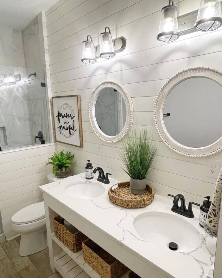 White Frame Round Mirrors for Bathroom