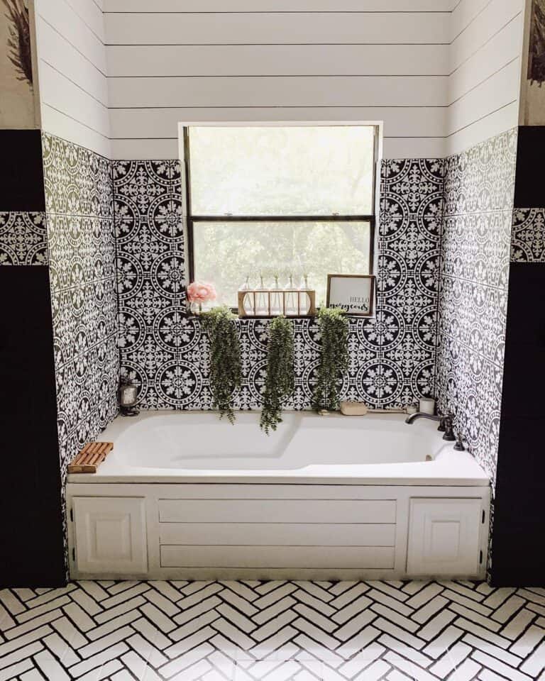White Herringbone Tile with Black Grout