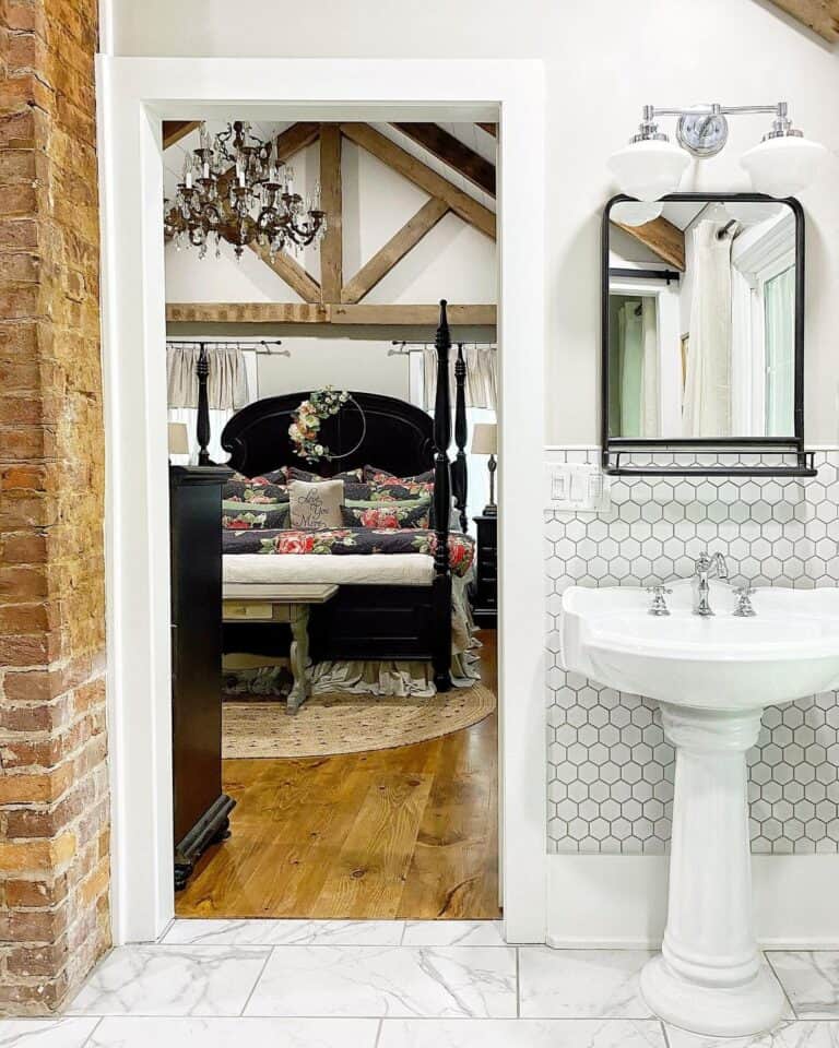 White Hexagon Tile Bathroom Wainscoting