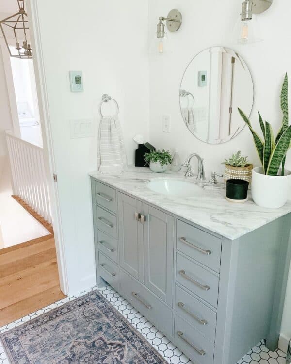 White Honeycomb Tile With Grey Bathroom Cabinet - Soul & Lane