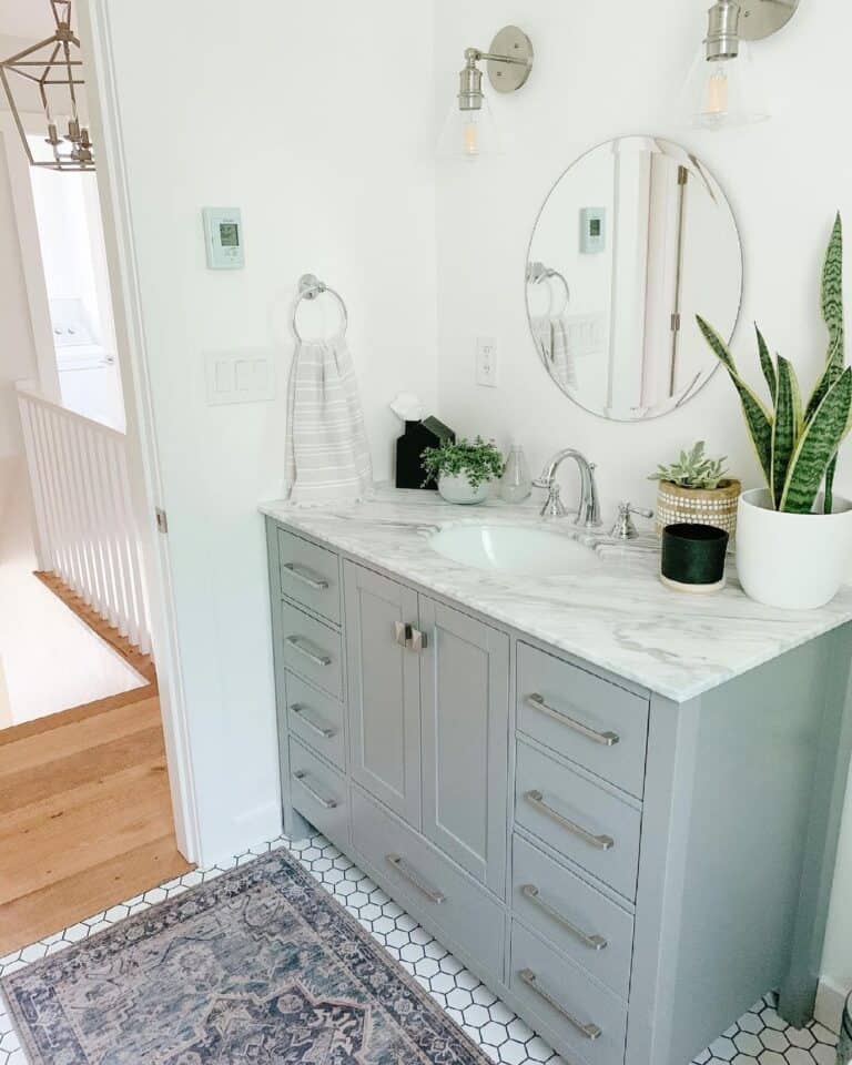 White Honeycomb Tile With Grey Bathroom Cabinet