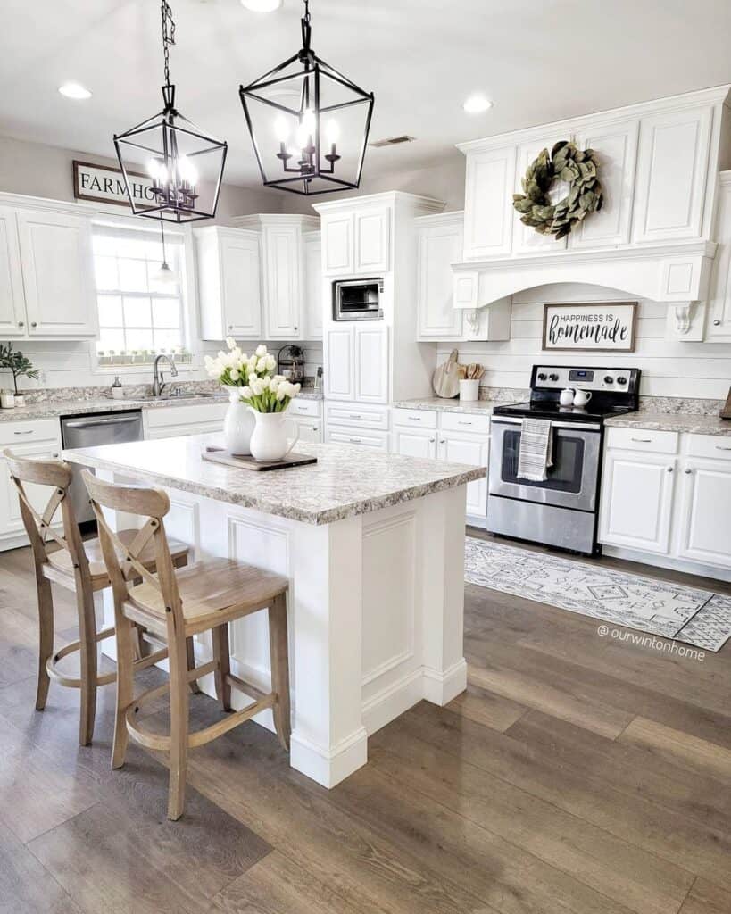 White Kitchen Island with Cross Back Chairs