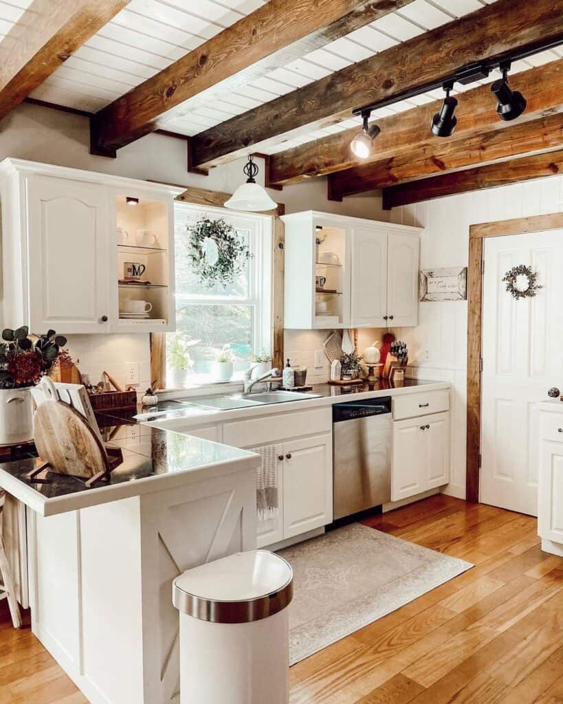 White Kitchen with Ceiling Beams