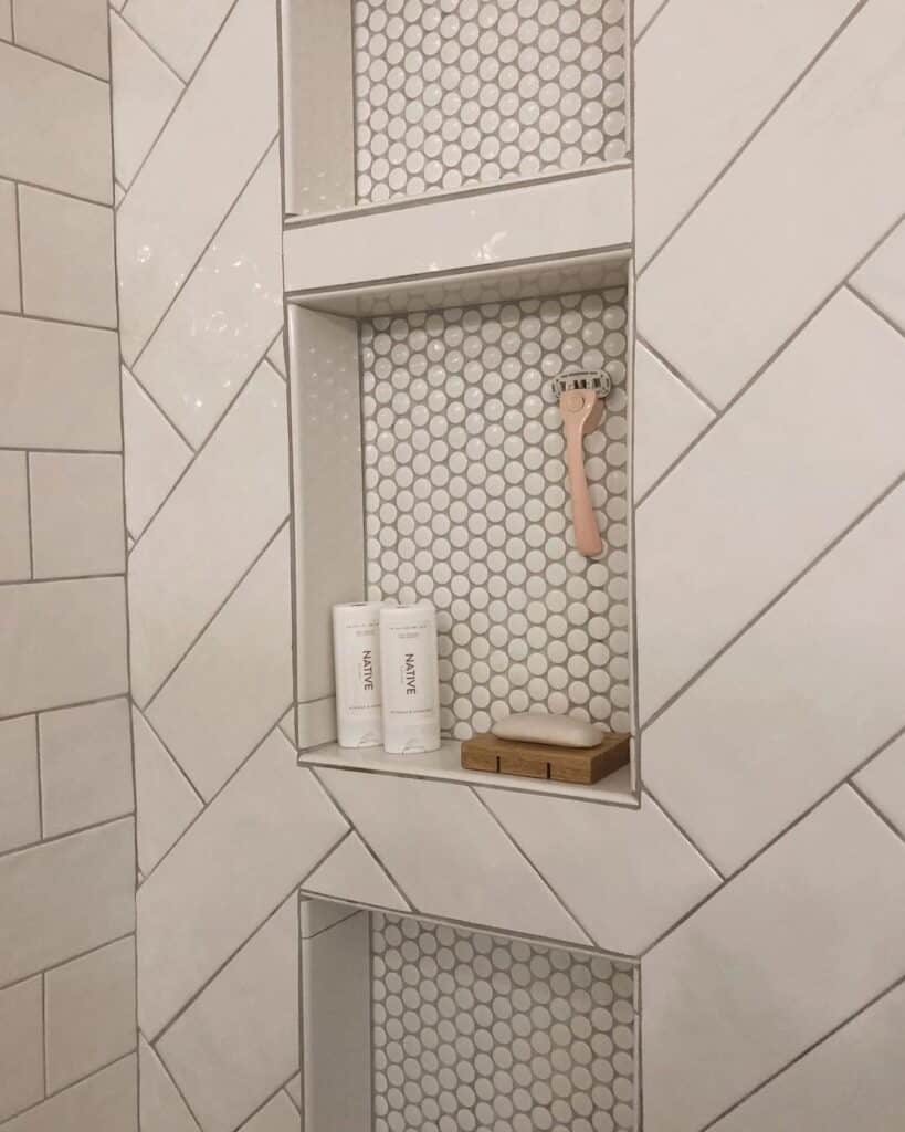 White Penny Tile Farmhouse Shower Niches