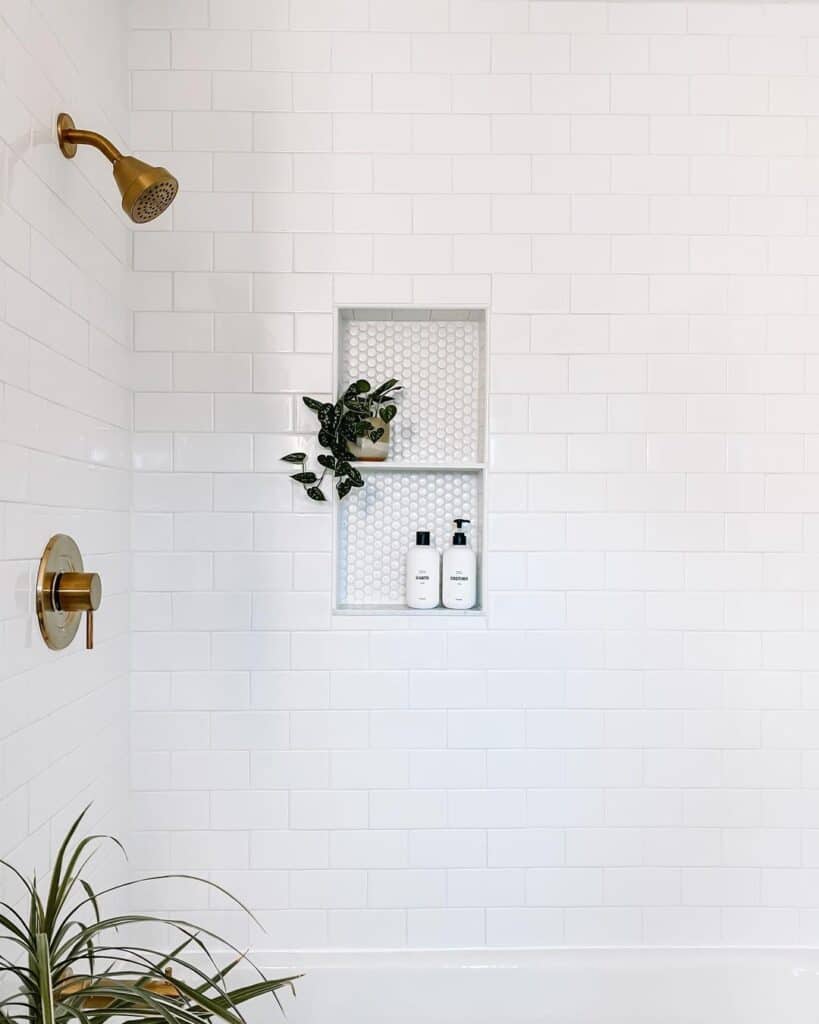White Penny Tiling Shower Niche with Shelf