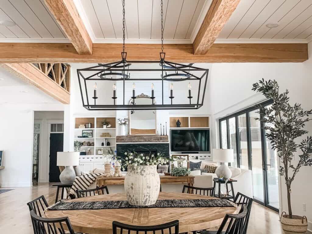 White Shiplap Ceiling with Wood Beams