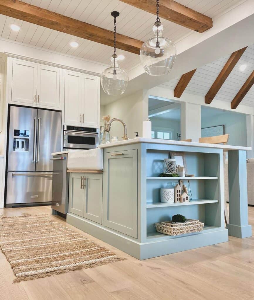 White Shiplap Kitchen Ceiling with Beams