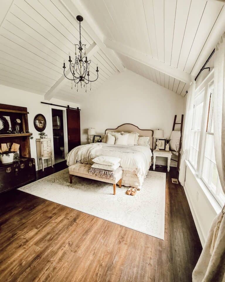 White Shiplap Vaulted Ceiling with Beams