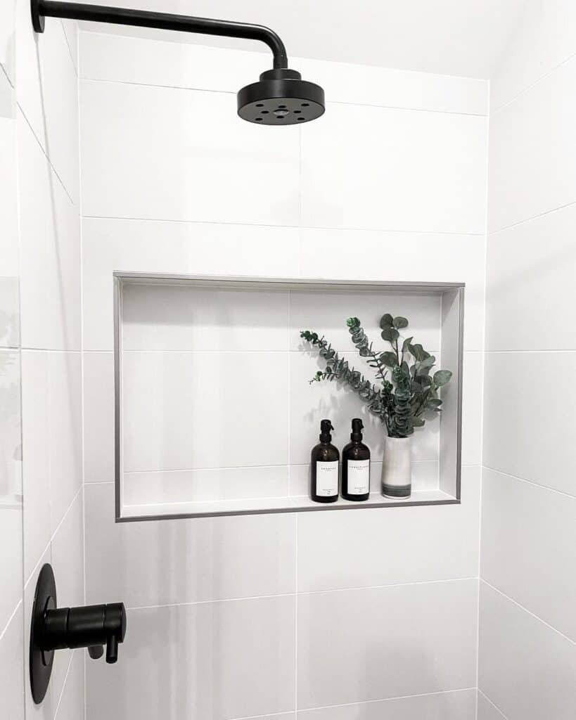 White Tile Shower Niche with Nickel Trim