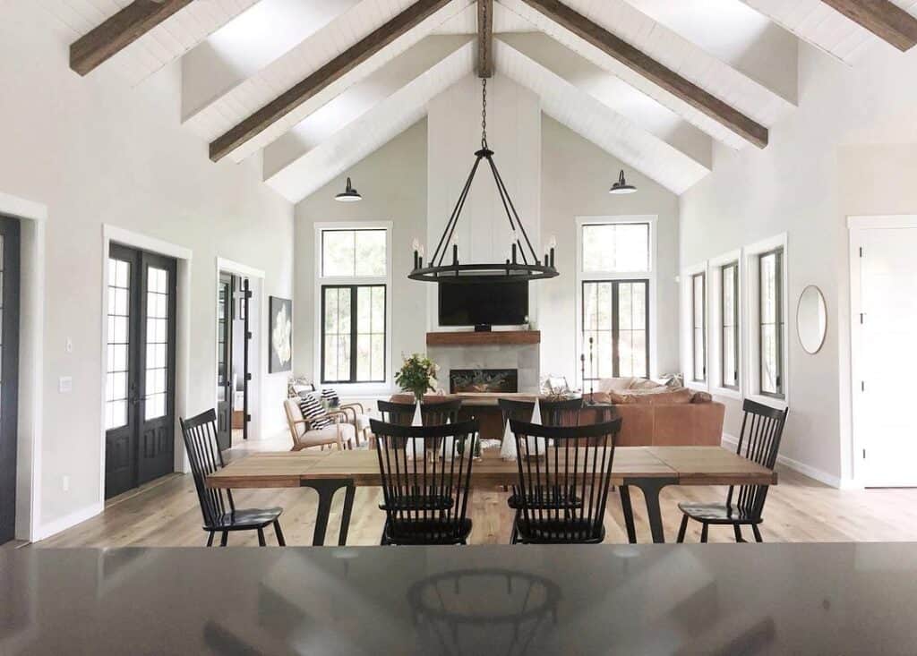 White Vaulted Shiplap Ceiling with Beams