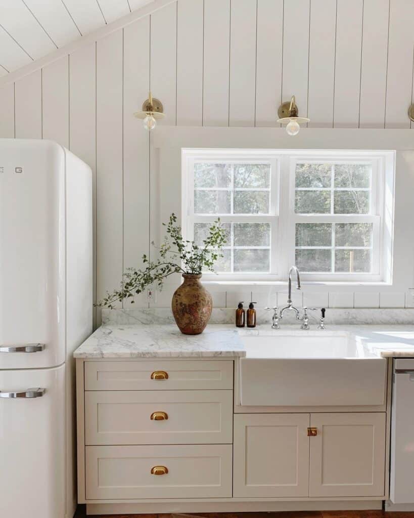 White Vertical Shiplap Kitchen Wall