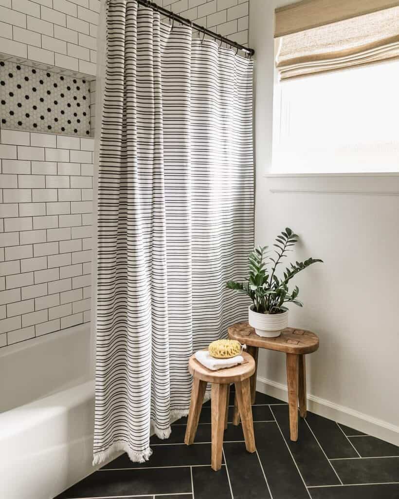 White and Black Penny Tile Niche for Shower