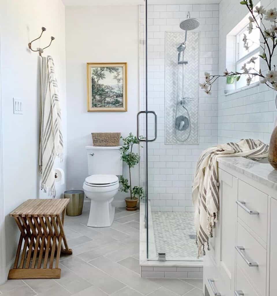 White and Gray Herringbone Tile Shower Floor