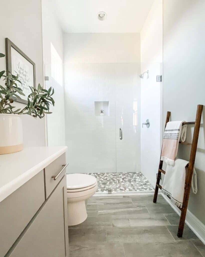 White and Gray Pebble Tile Shower Pan